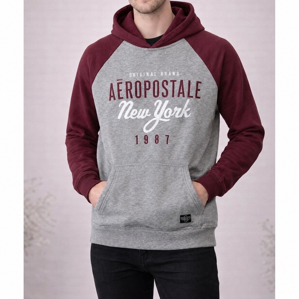 Aeropostale Mens New York 1987 Raglan Graphic Hoodie Grey Burgundy Medium